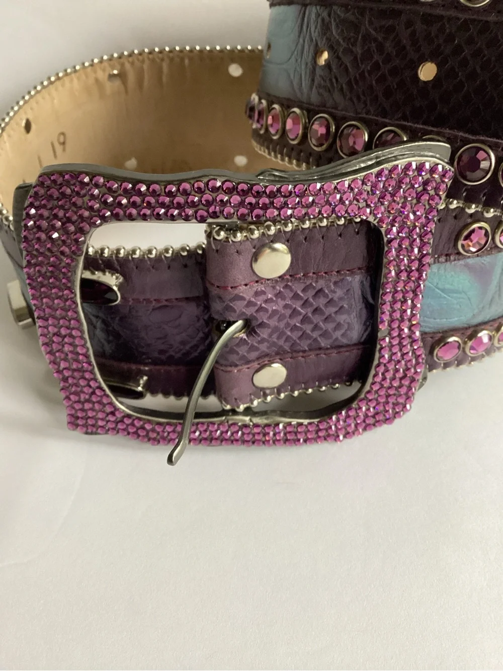 B.B.Simon Crystal Rhinestone Leather Belt Pink Purple Y2K Western Bling Glam